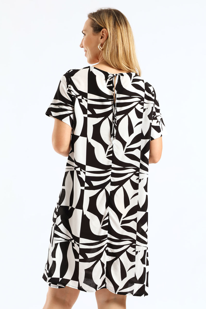 Tie Detail Woven Shift T-Shirt Mini Dress - Black/White