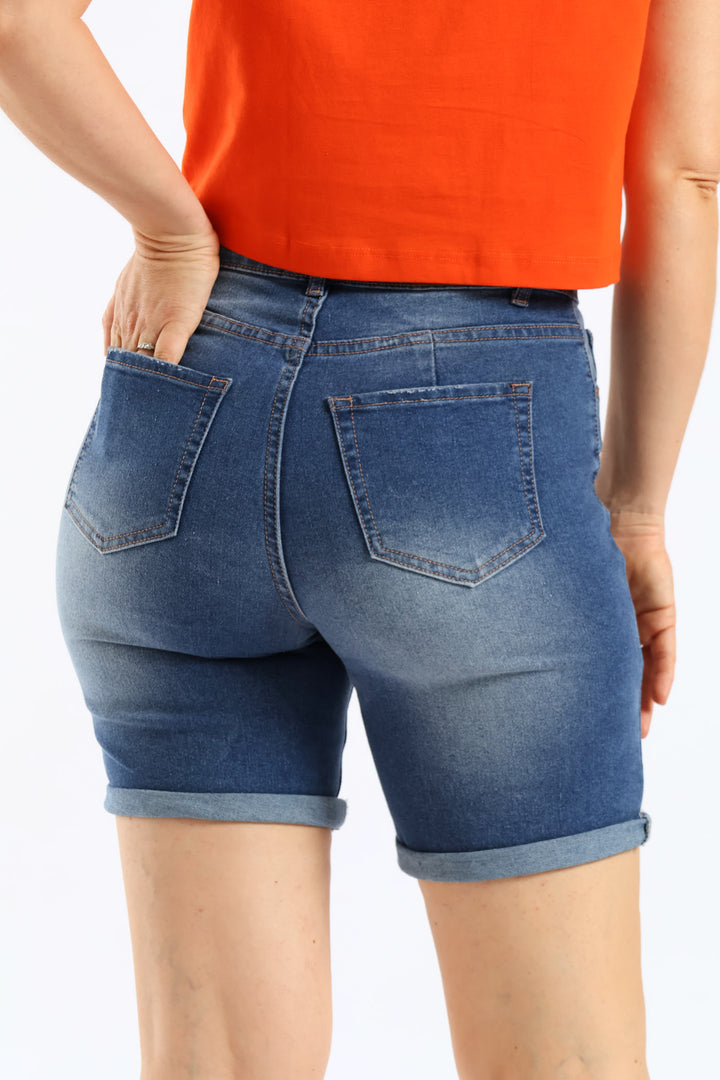 Rip & Repair Roll Hem Bermuda Shorts - Medium Wash