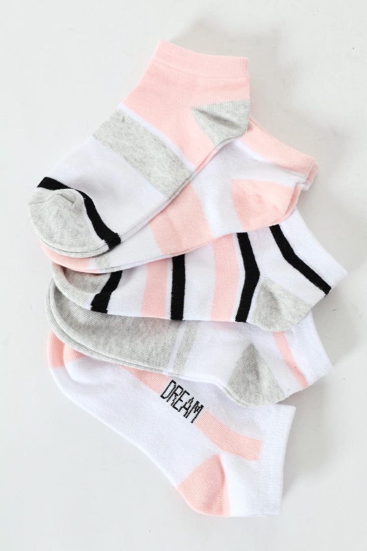 Girls 5 Pack Striped Low Cut Socks - Pink