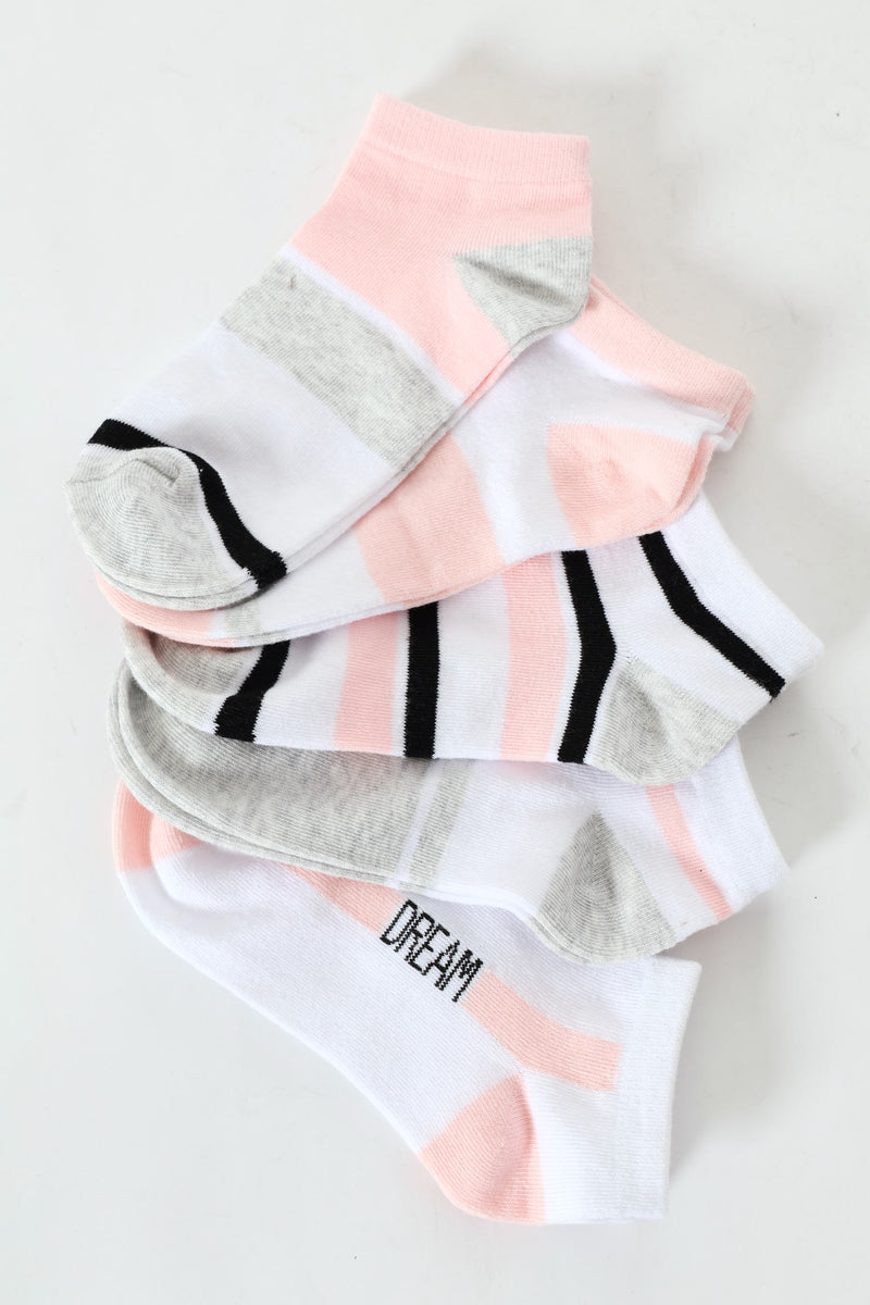 Girls 5 Pack Striped Low Cut Socks - Pink