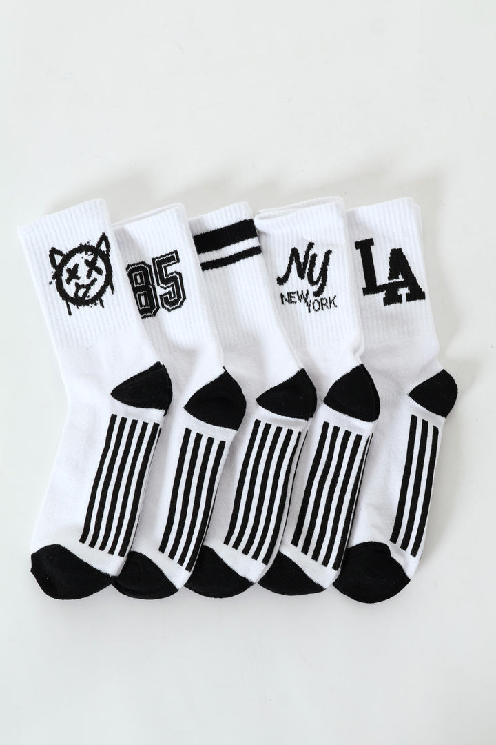 Boys 5 Pack Novelty Letter Pattern Anklet Socks - White