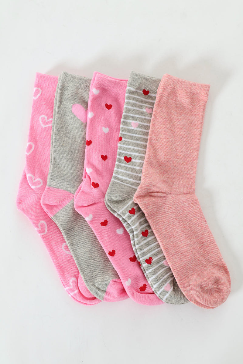 5 Pack Hearts Crew Socks - Multi