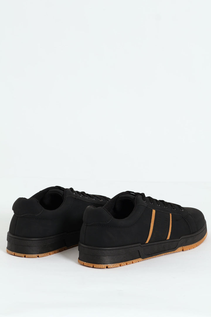 Lace Up Sneaker With Side Stripe - Black