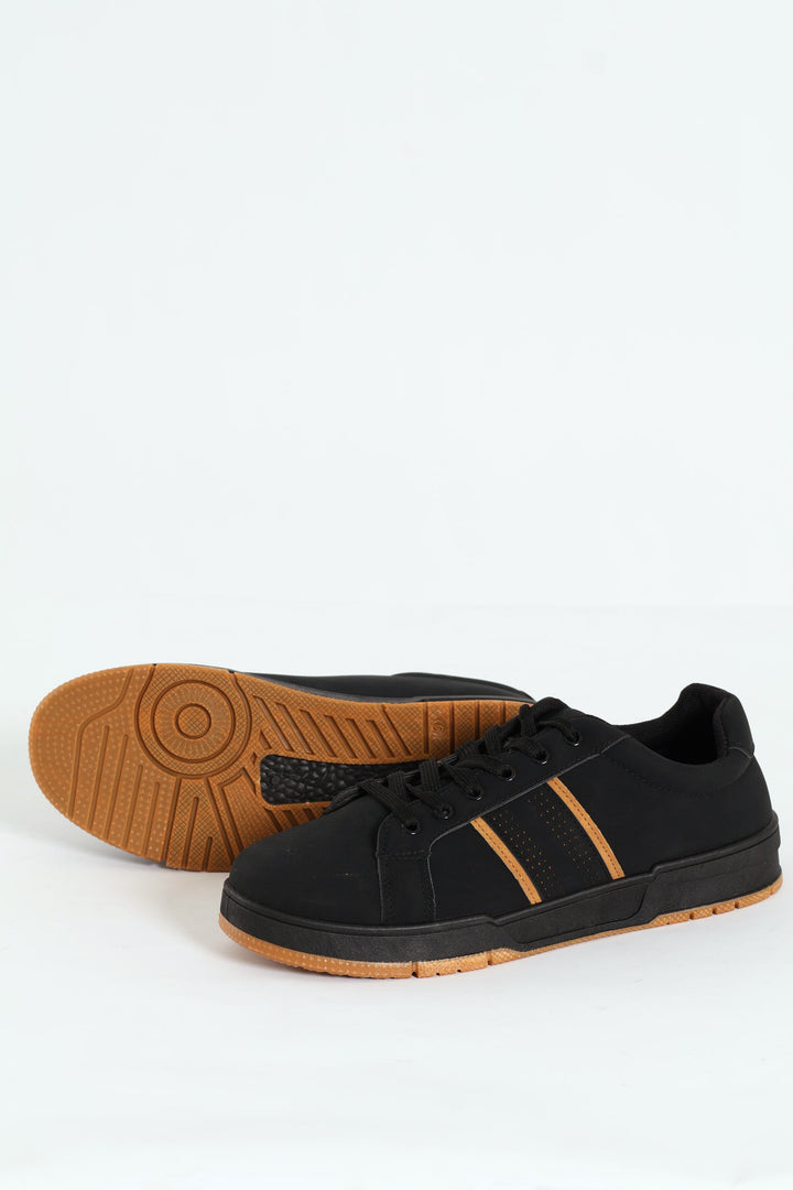 Lace Up Sneaker With Side Stripe - Black