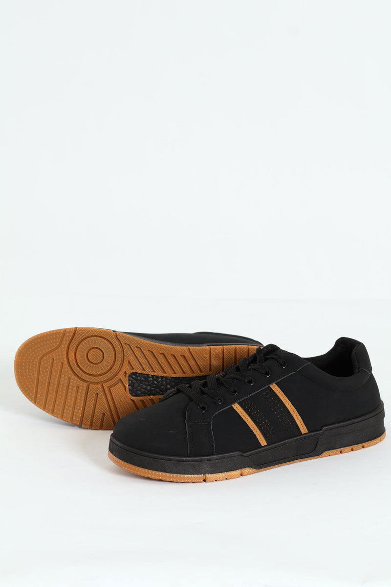 Lace Up Sneaker With Side Stripe - Black