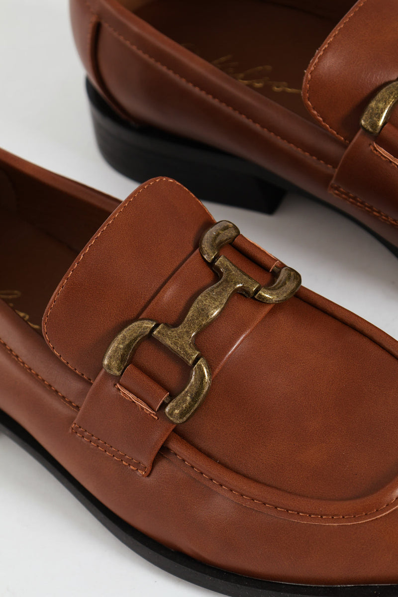 Burnished PU Loafer With Brass Trim - Brown