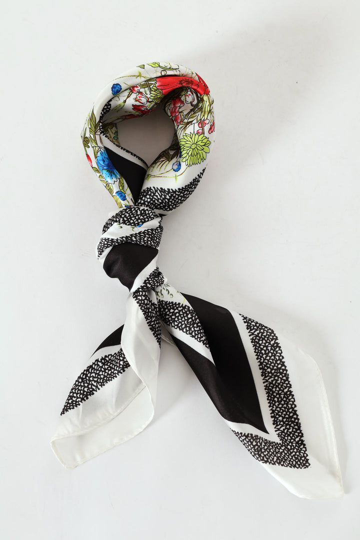 Spring Floral Border Print Satin Feel Scarf - Cream
