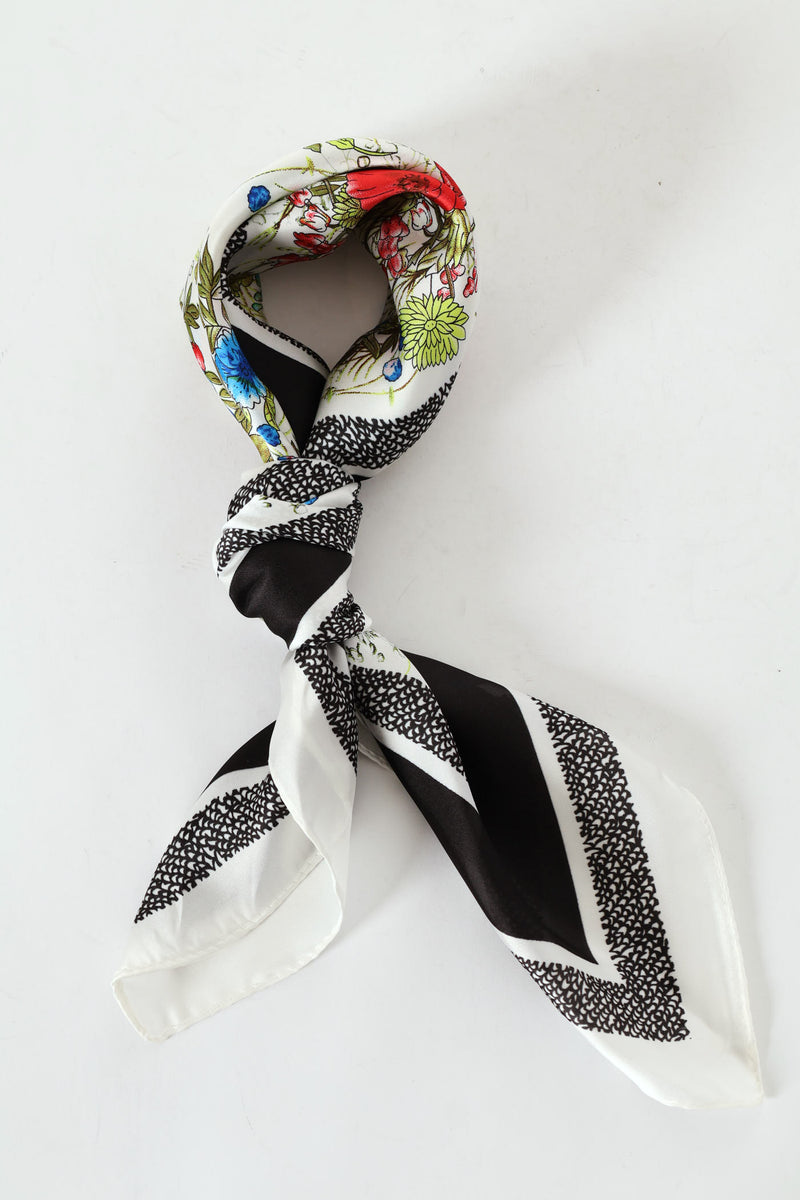 Spring Floral Border Print Satin Feel Scarf - Cream