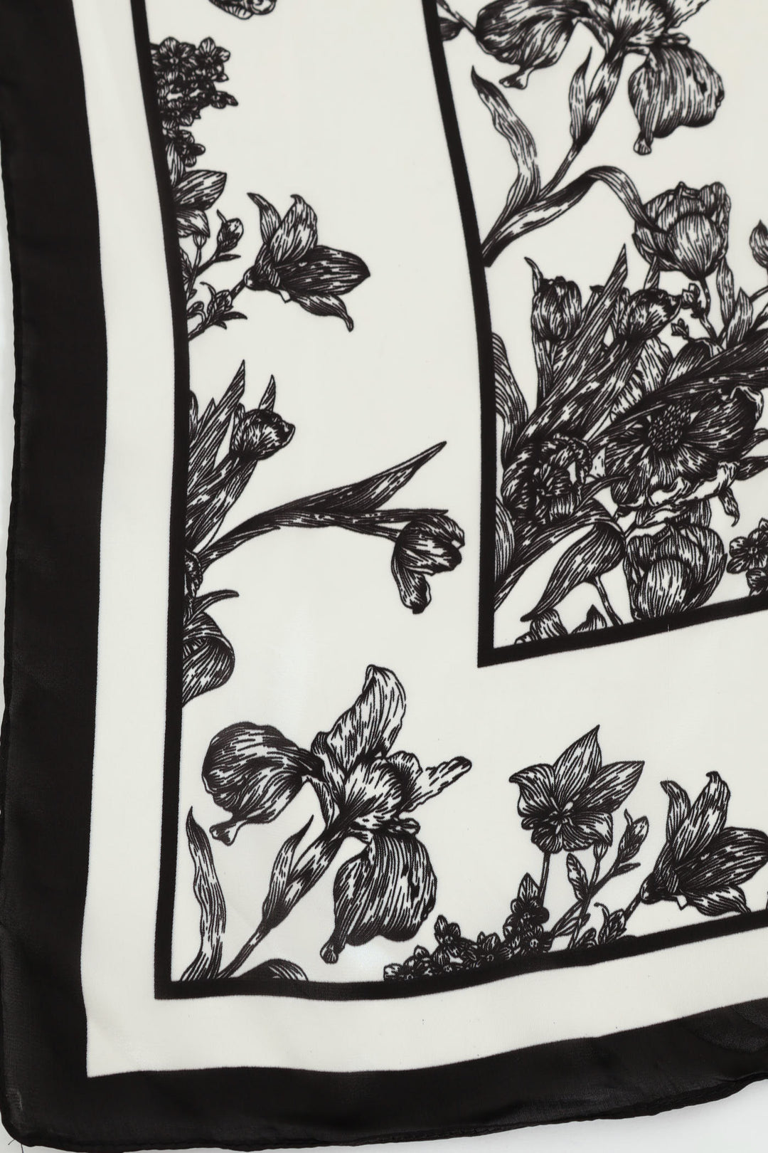 Floral Border Print Satin Feel Scarf - White/Black