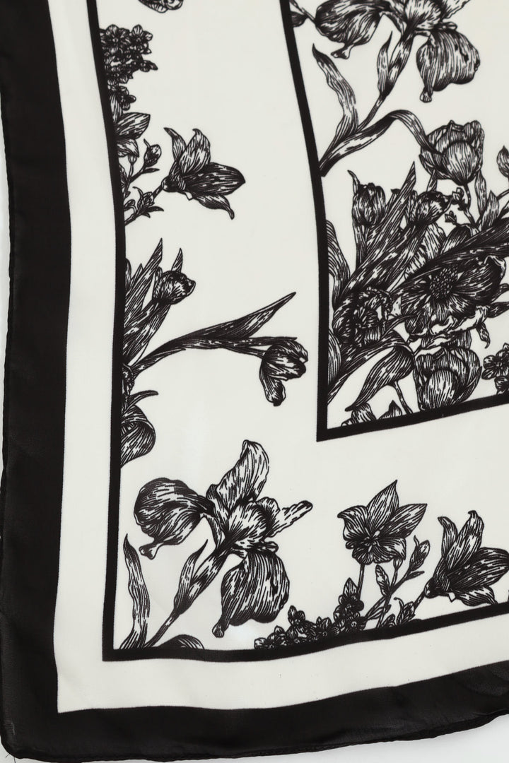 Floral Border Print Satin Feel Scarf - White/Black