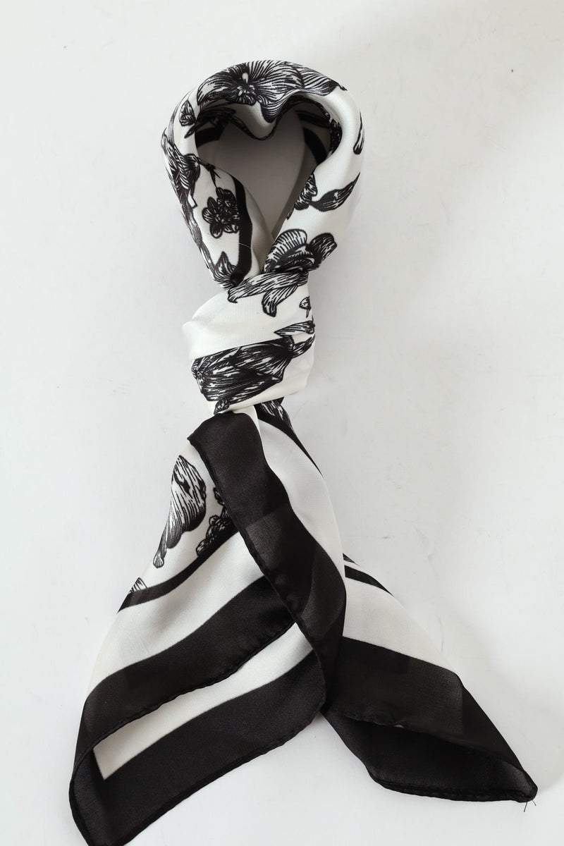Floral Border Print Satin Feel Scarf - White/Black