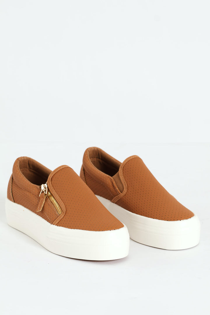 Slip On Platform Sneaker With Zip - Tan