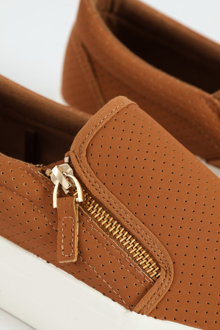 Slip On Platform Sneaker With Zip - Tan