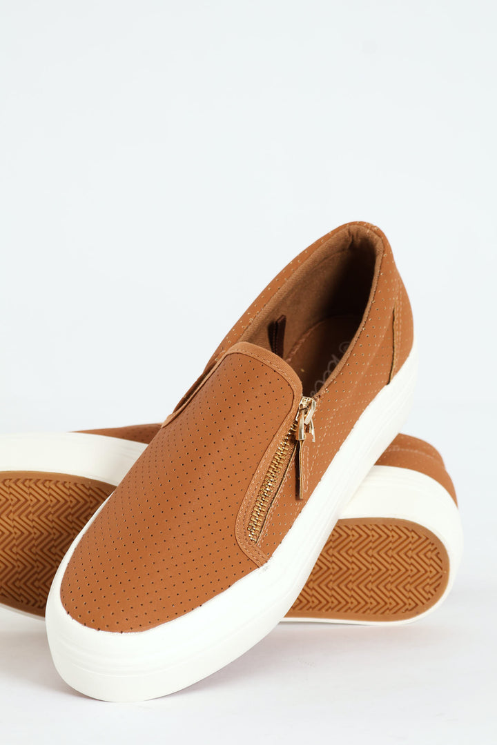 Slip On Platform Sneaker With Zip - Tan