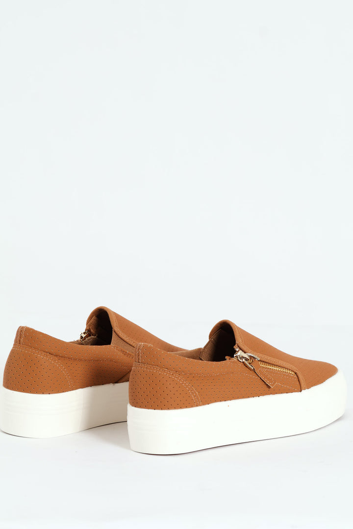 Slip On Platform Sneaker With Zip - Tan