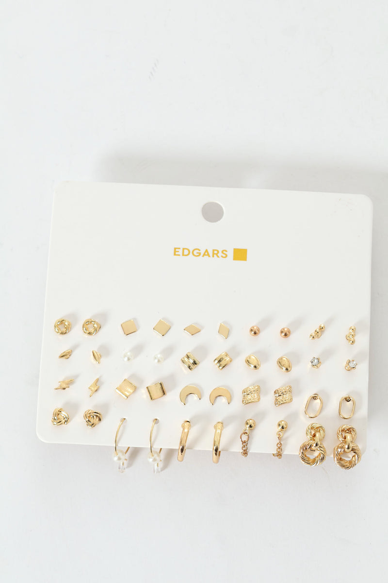 20 Pack Stud & Hoop Earrings - Gold