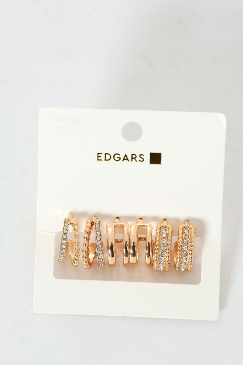 3 Pack Diamante Small Hoop Earrings - Gold