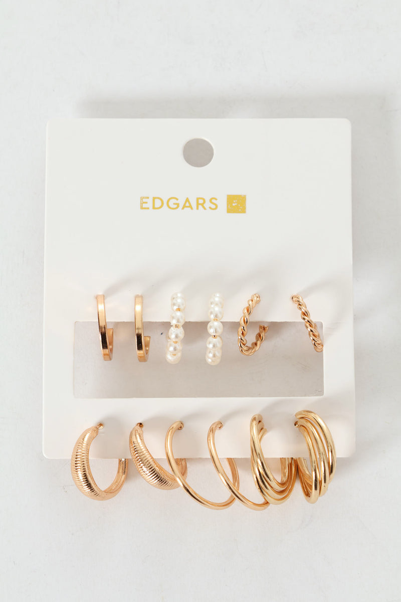 6 Pack Gold & Faux Pearl Hoop Earrings - Gold