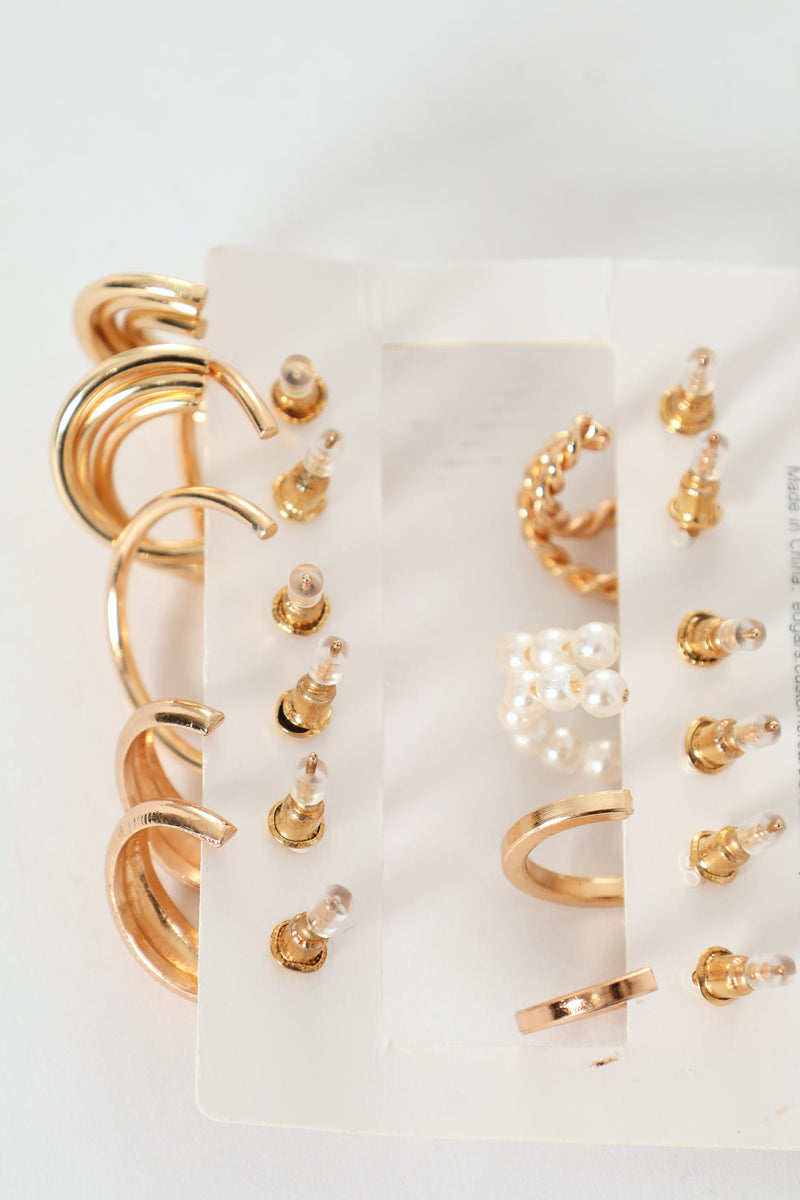 6 Pack Gold & Faux Pearl Hoop Earrings - Gold