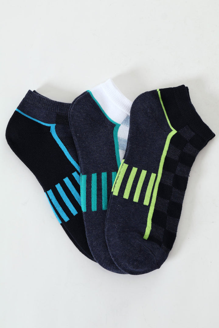 3 Pack Tonal Check & Stripe Lowcut Socks - Blue