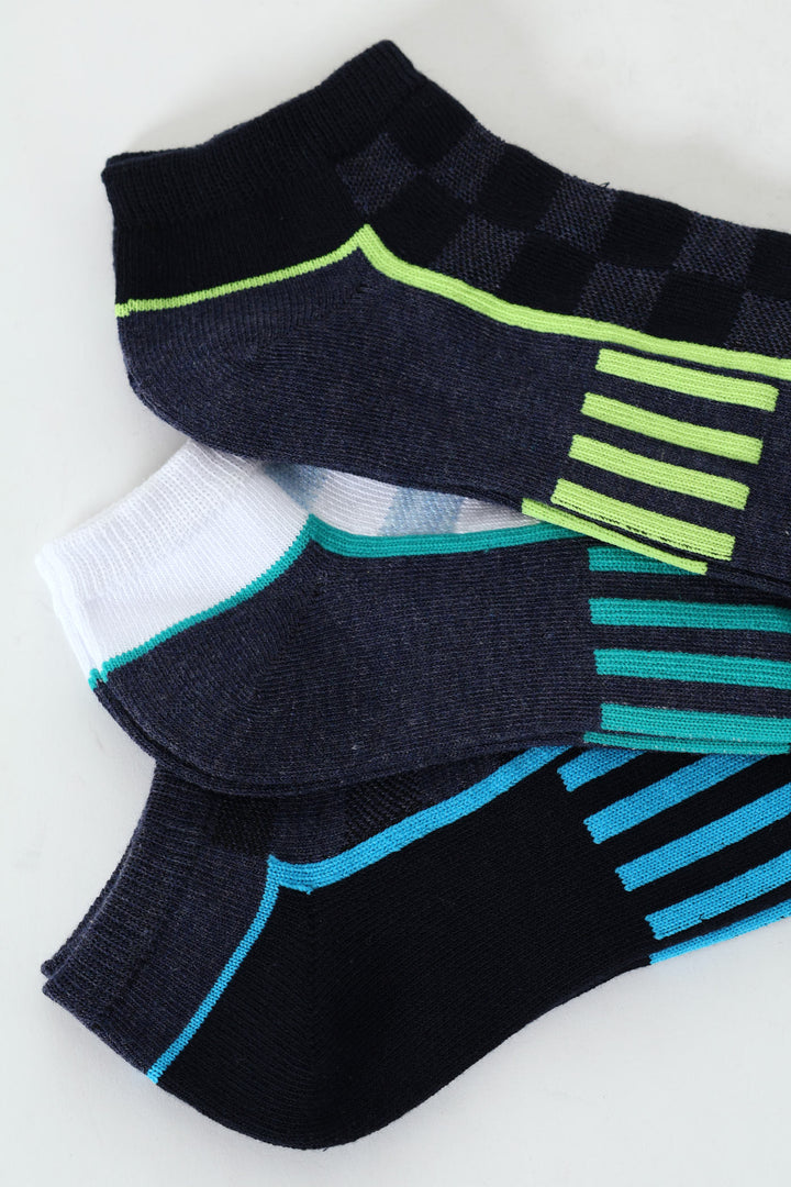 3 Pack Tonal Check & Stripe Lowcut Socks - Blue