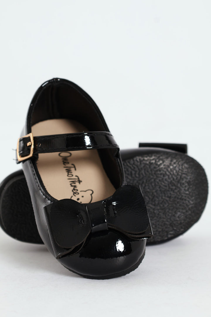 Baby Girls Patent Pump With Bow - Black