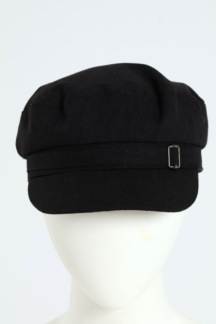 Linen Blend Baker Boy Hat - Black