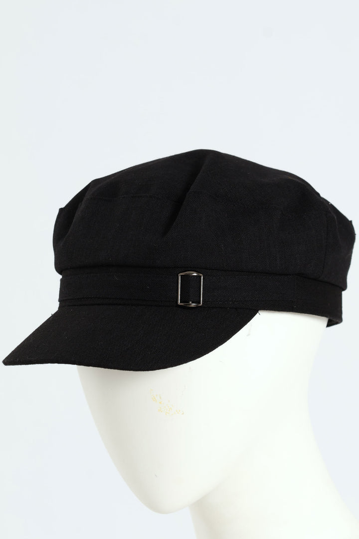 Linen Blend Baker Boy Hat - Black