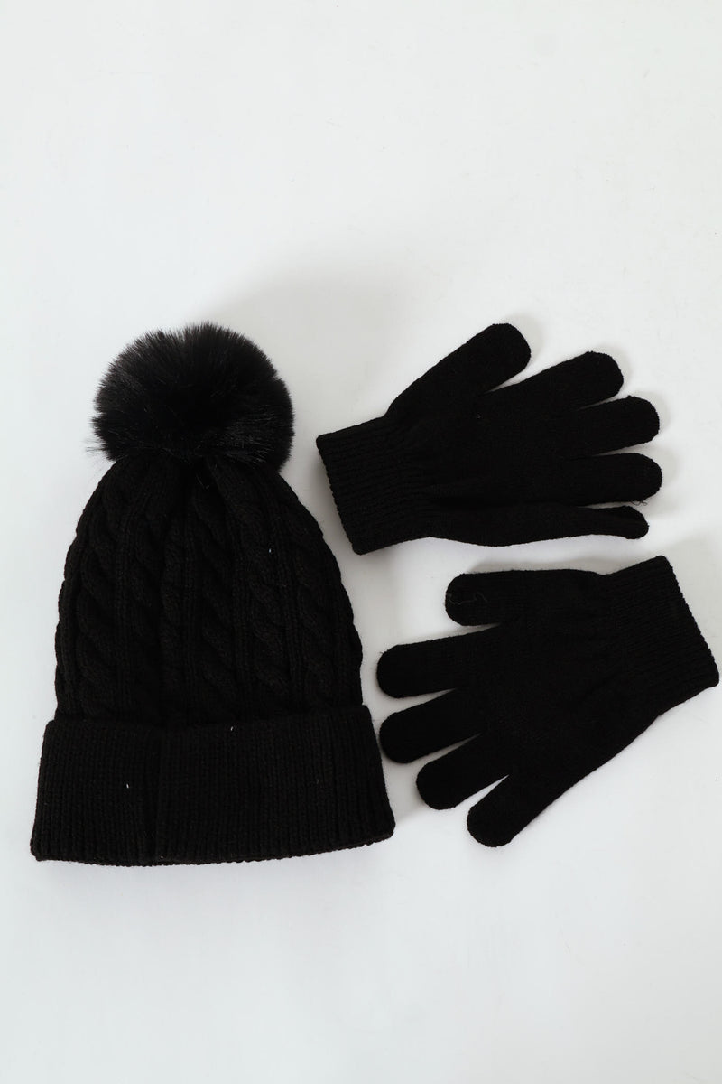 Boys Cable Knit Beanie With Gloves - Black