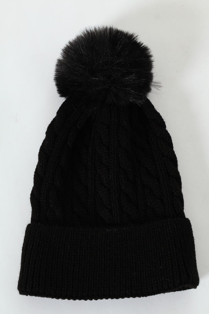 Boys Cable Knit Beanie With Gloves - Black