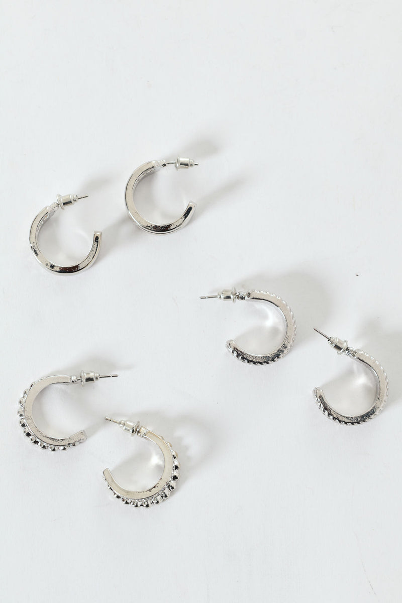 3 Pack Small Diamante Hoop Earrings - Silver
