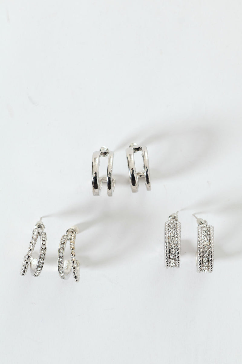 3 Pack Small Diamante Hoop Earrings - Silver