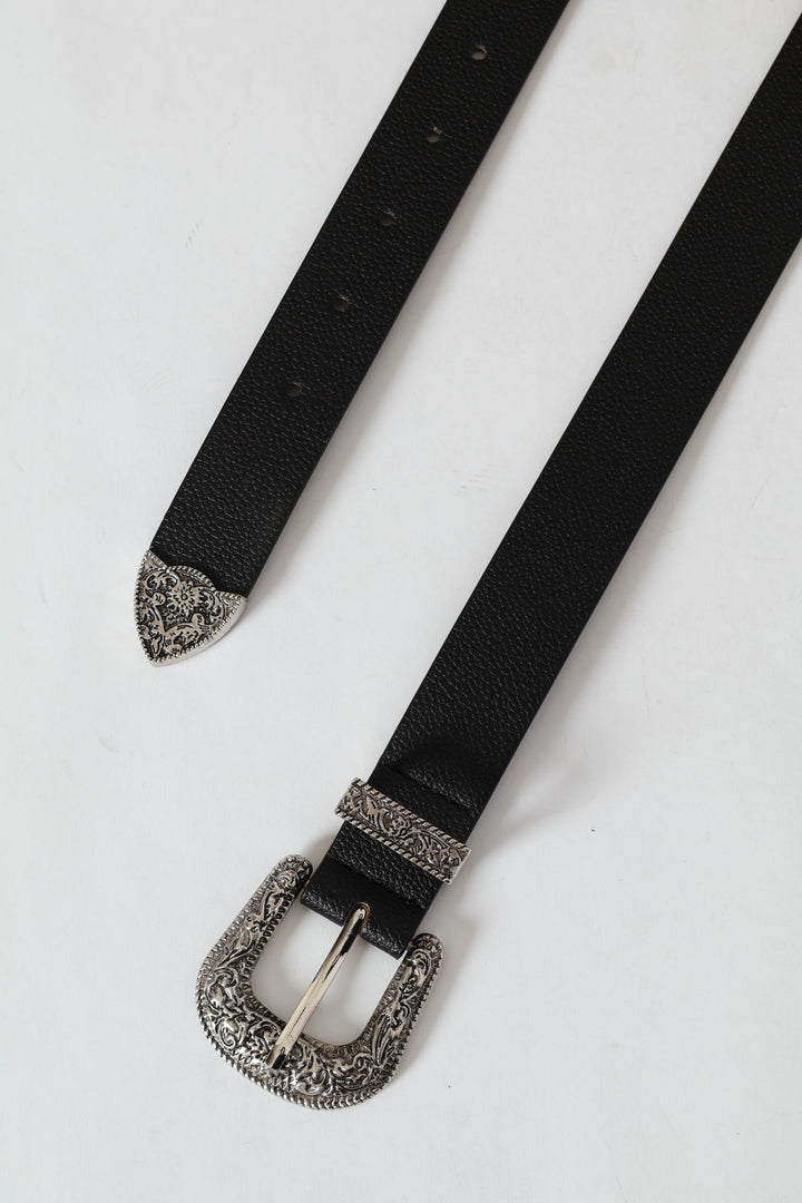 Silver Western Buckle Fashion Belt - Black