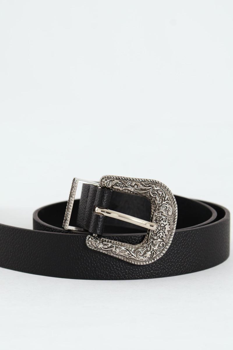 Silver Western Buckle Fashion Belt - Black