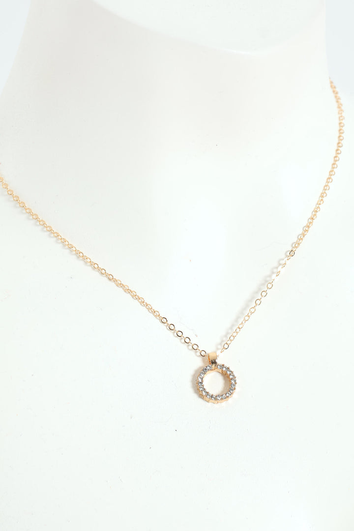 2 Pack Diamante Circle Pendant With Matching Stud Earrings - Gold