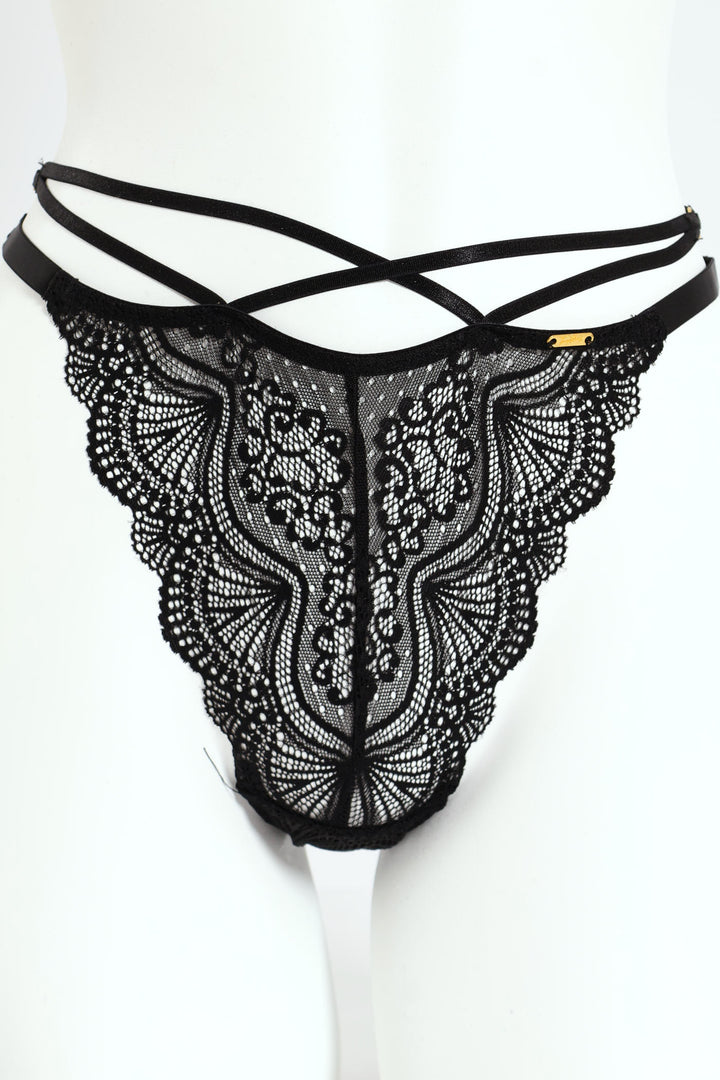 Lace Strappy Thong Panty - Black