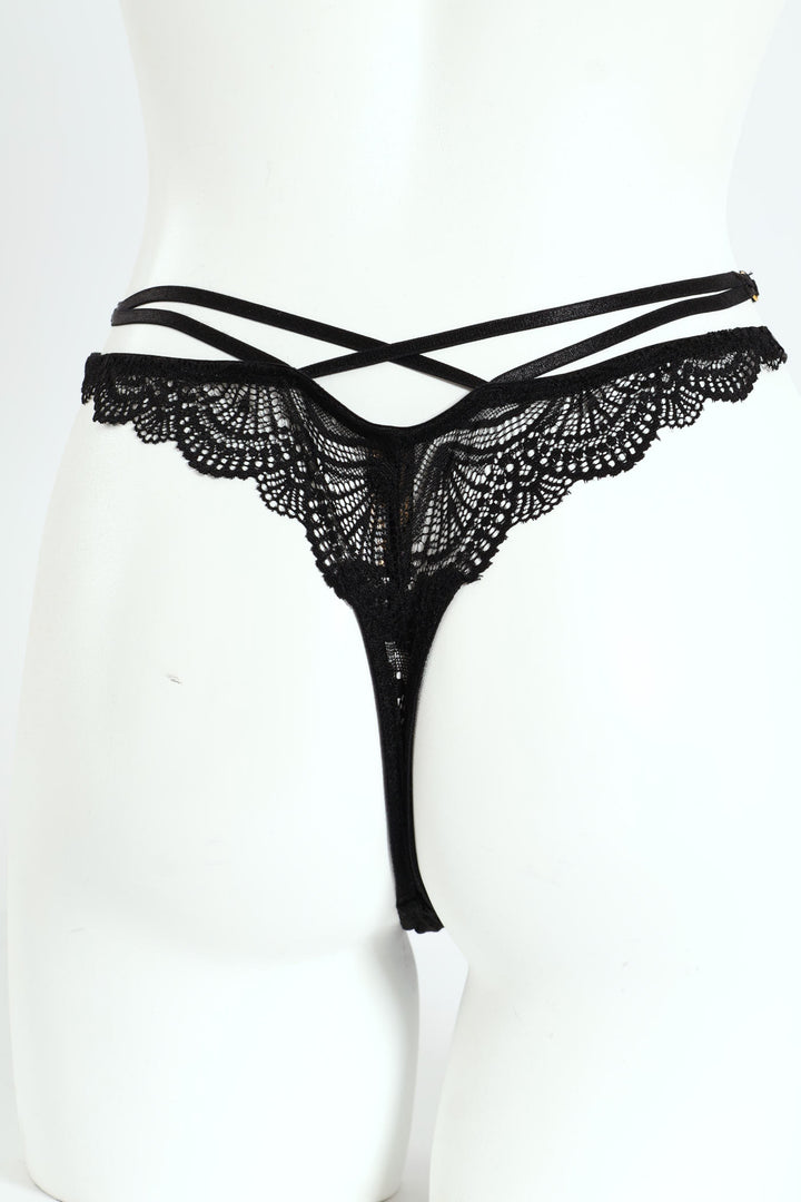 Lace Strappy Thong Panty - Black