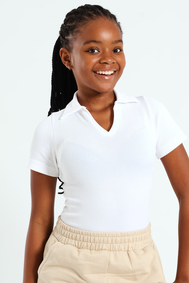 Girls J Collar Seamless Bodysuit - White