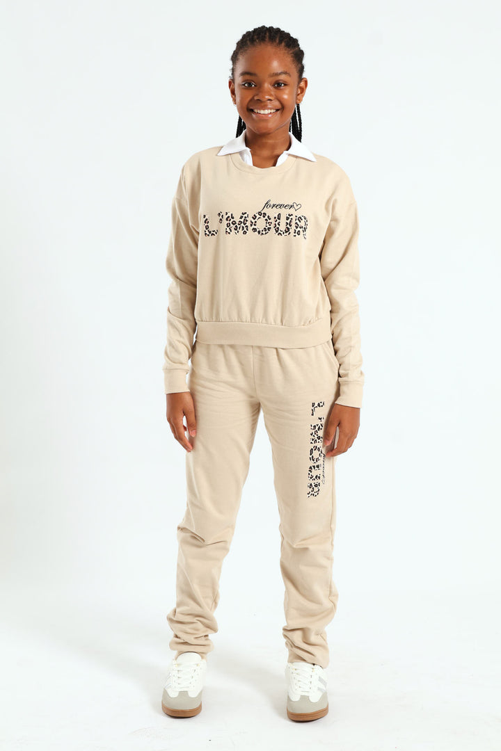 Girls L'amour Fleece Crew Top - Stone