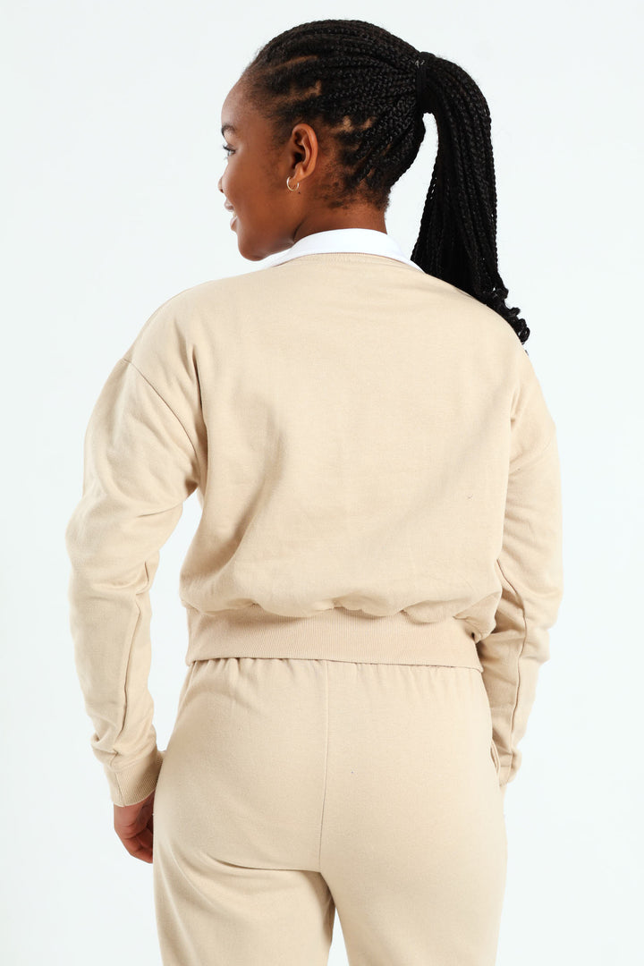 Girls L'amour Fleece Crew Top - Stone