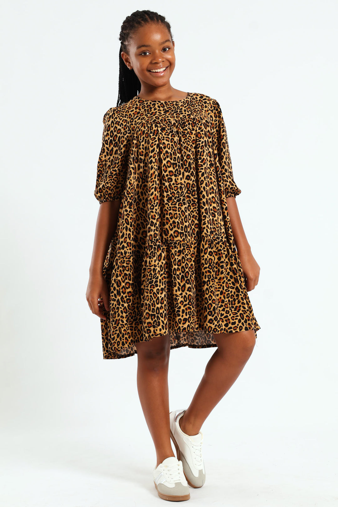 Girls Leopard Print Tiered Dress