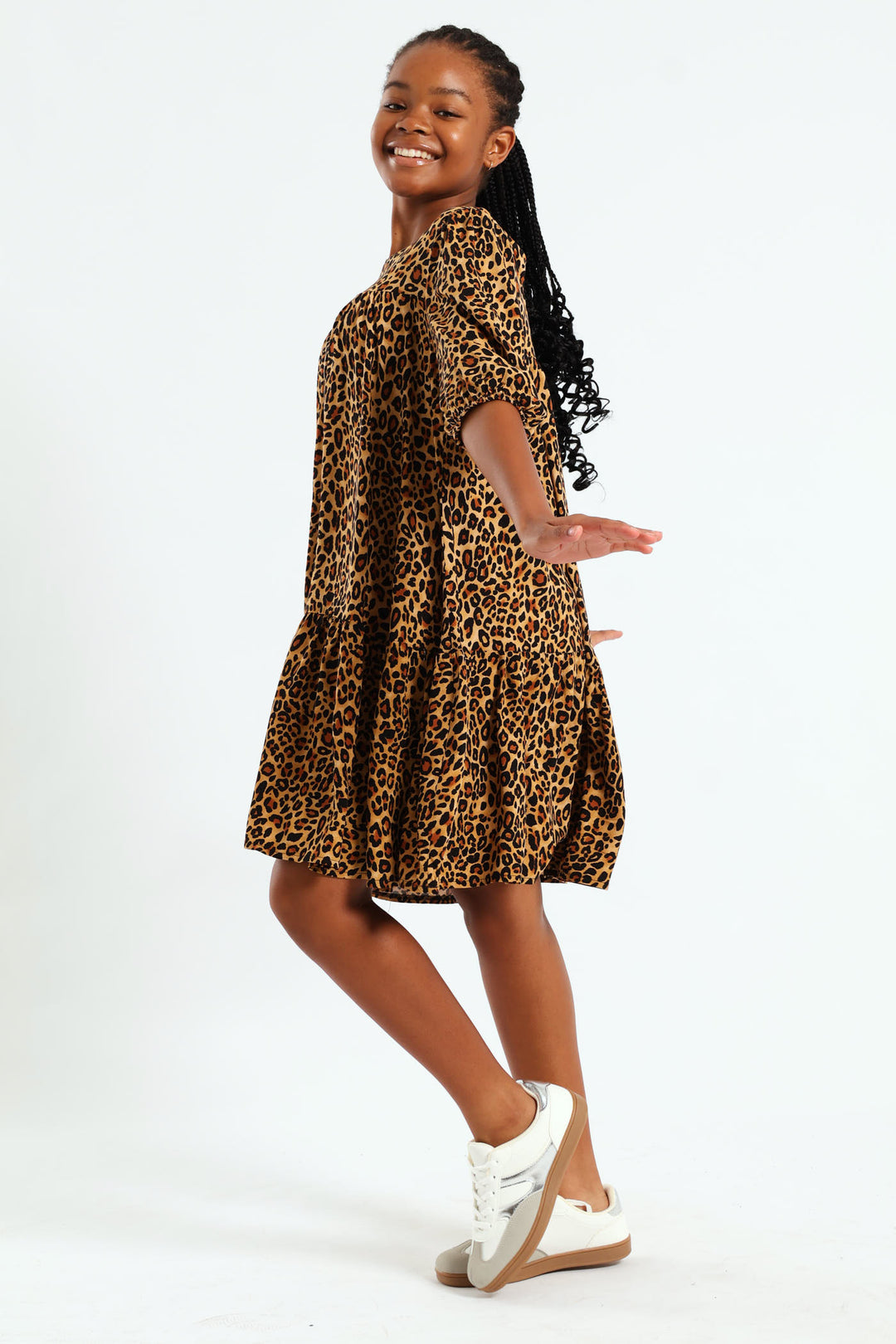 Girls Leopard Print Tiered Dress