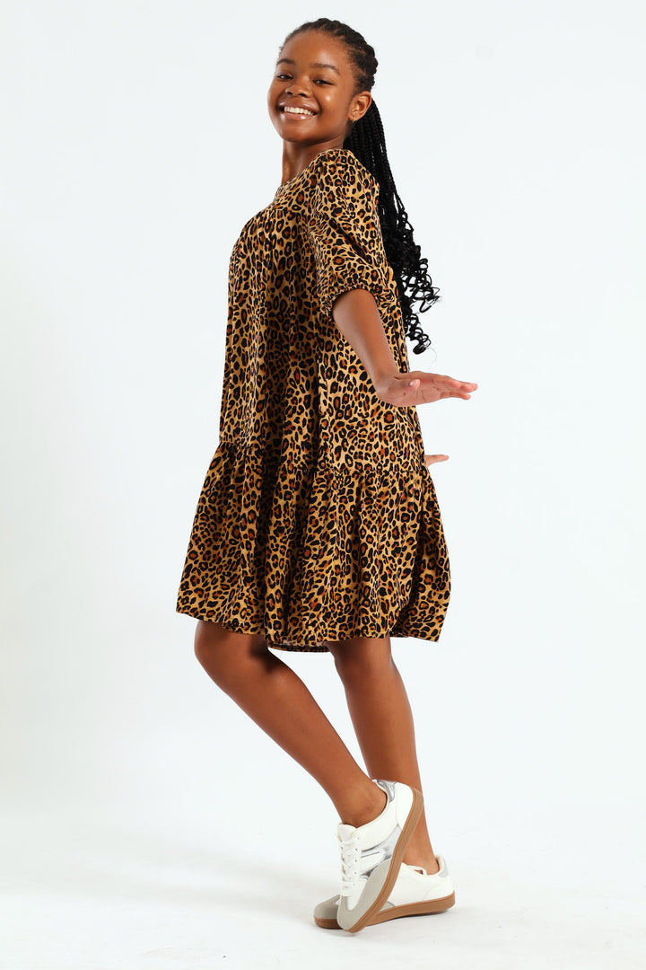 Girls Leopard Print Tiered Dress
