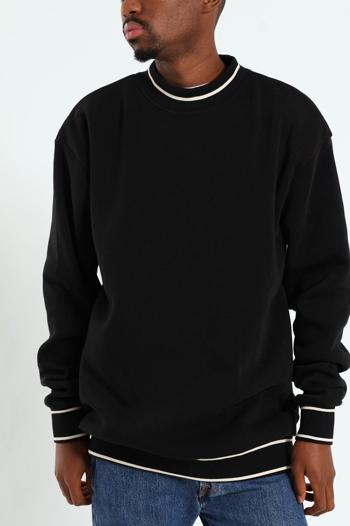 Basic Tipped Collar Fleece Pullover - Black