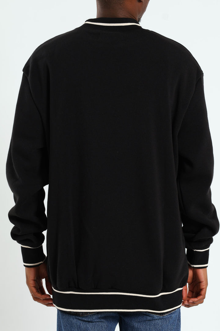 Basic Tipped Collar Fleece Pullover - Black