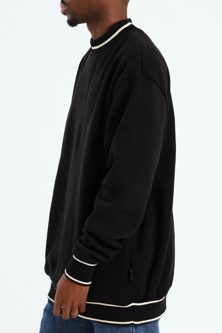 Basic Tipped Collar Fleece Pullover - Black