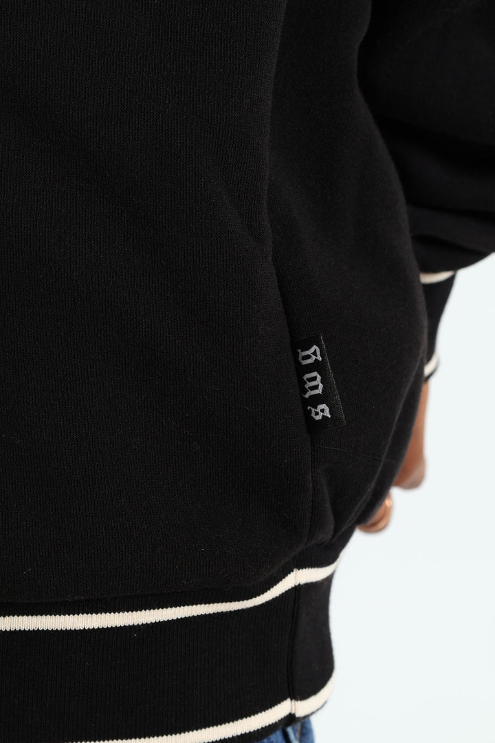 Basic Tipped Collar Fleece Pullover - Black