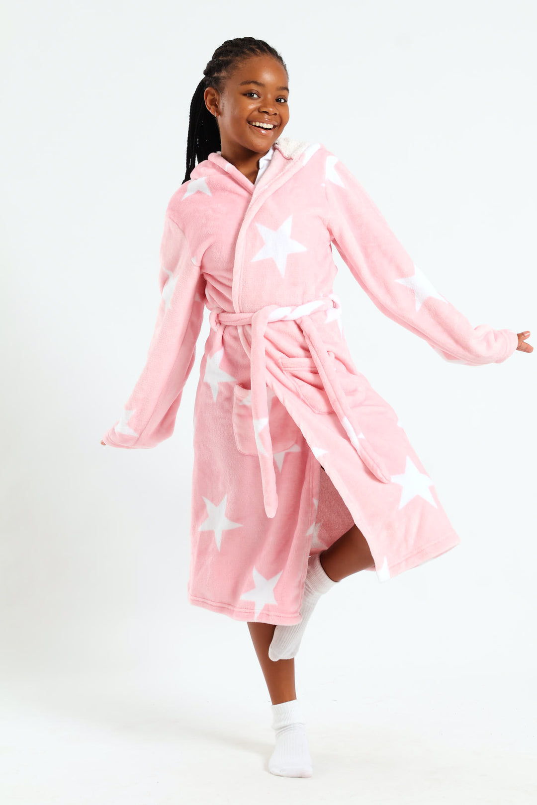 Girls Stars Print Sherpa Lined Gown - Pink