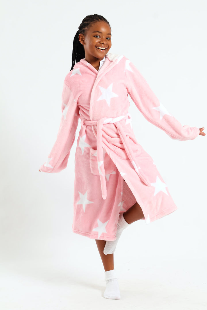 Girls Stars Print Sherpa Lined Gown - Pink