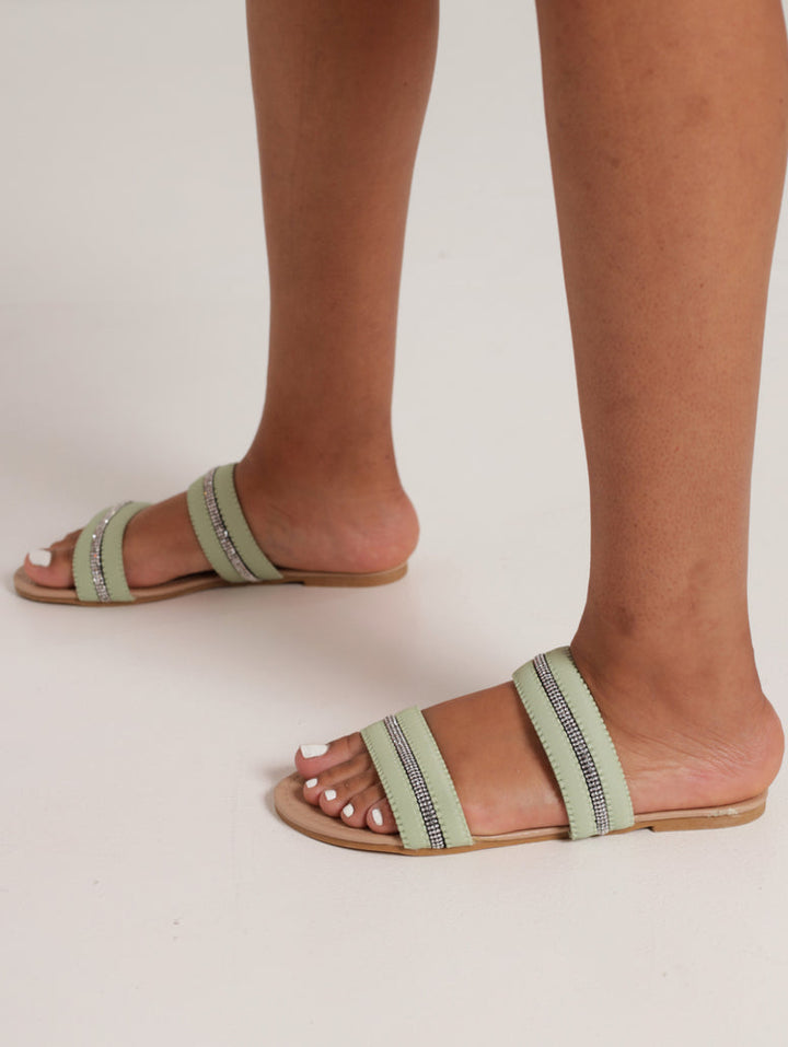 Ladies Flat Double Strap Pushin Sandal - Sage